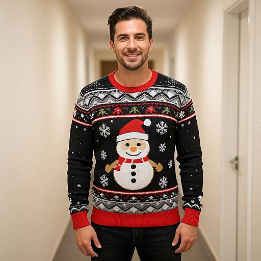 Photograph of a smiling man with short dark hair, wearing a black Christmas sweater with a snowman design, standing in a brightly lit, white hallway