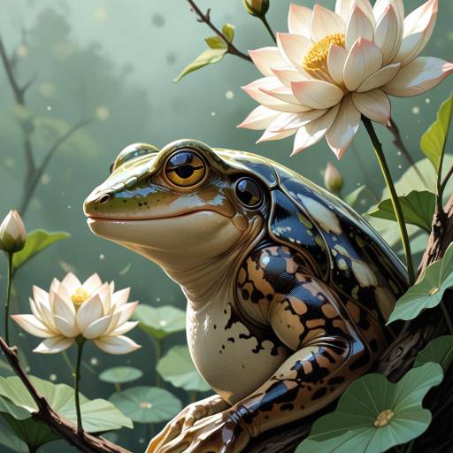 Skittish Toad Among Lotus on Canvas Skittish Toad Among Lotus on Canvas