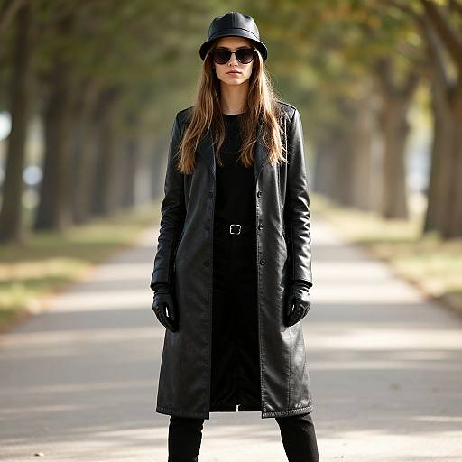 Photograph of a young woman with long brown hair, black leather bucket hat, sunglasses, black coat, gloves, and black dress, standing on a