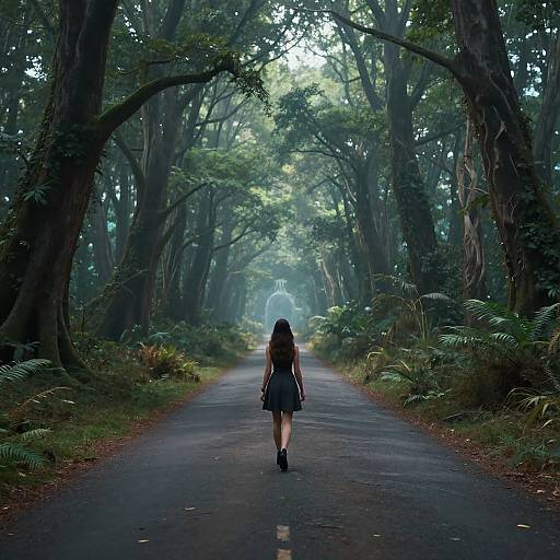 Photograph of a solitary girl with long black hair in a dark dress walking down a misty, tree-lined forest path, fading into a mysterious,