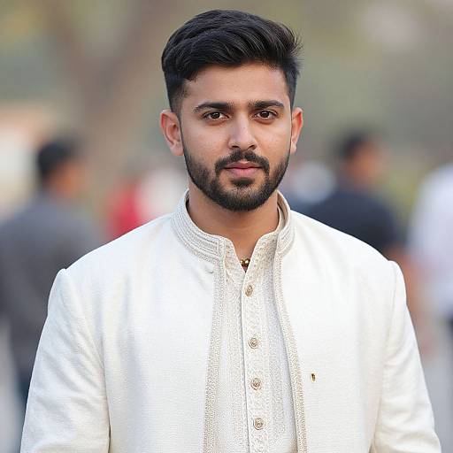 Photograph of a young South Asian man with a trimmed black beard, short black hair, wearing a white embroidered traditional kurtah, standing outdoors with