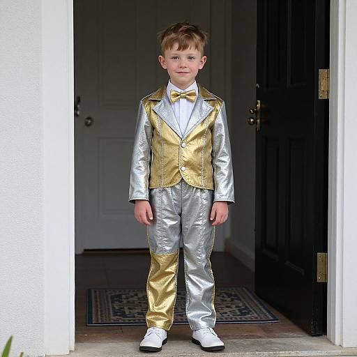 Photograph of a young boy with short brown hair, wearing a shiny silver and gold tuxedo with white shoes, standing in a doorway.