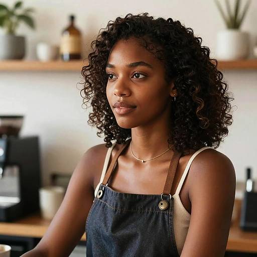 Photograph of a beautiful, dark-skinned woman with curly black hair, wearing a black denim overall dress, standing in a brightly lit, cozy café