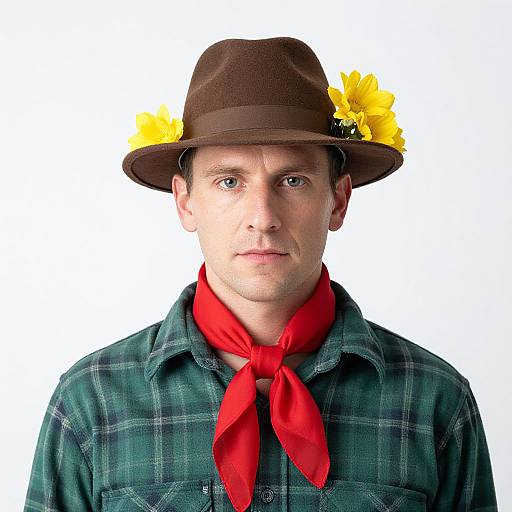 Man in Floral Hat and Plaid Shirt
