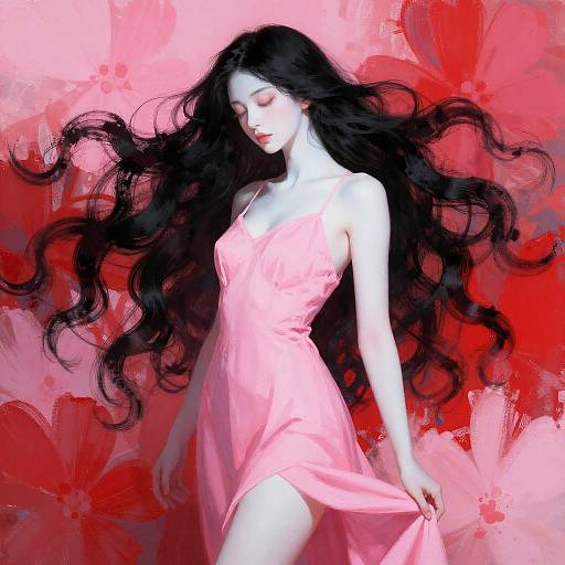 Digital painting of a pale-skinned, long-haired woman in a pink, flowing dress against a vibrant red floral background. Her eyes are closed, and