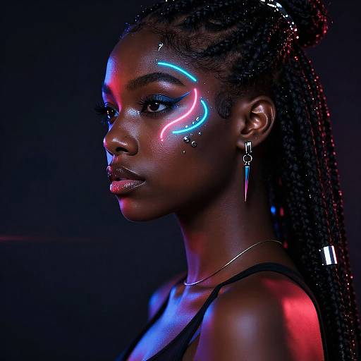 Photograph of a dark-skinned woman with neon blue and pink face paint, braided hair, wearing a black top and heart-shaped earrings, against