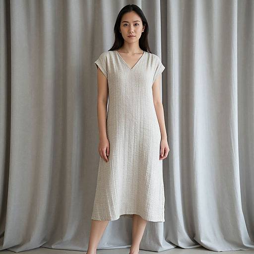 Photograph of an Asian woman with long black hair, wearing a white, short-sleeved, textured dress, standing against gray curtains.
