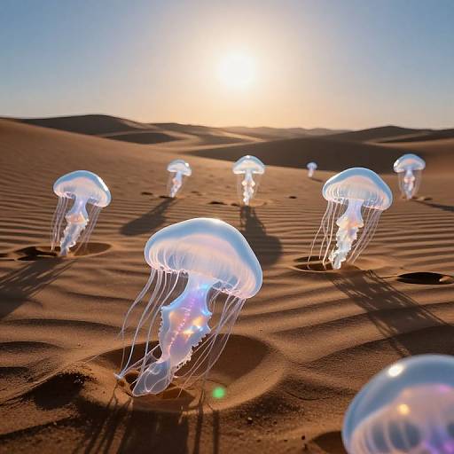 Photograph of glowing jellyfish floating on sandy dunes at sunset, casting long shadows, with clear blue sky and sun low on horizon.