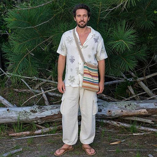 Photograph of a bearded man with dark hair, wearing a white, floral-patterned shirt and pants, striped sash, and sandals, standing