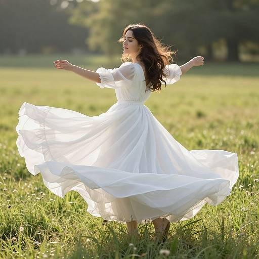 Photograph of a smiling woman with long brown hair, wearing a flowing white dress, dancing in a sunlit grassy field.
