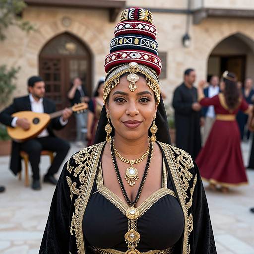 Photograph of a South Asian woman in traditional black and gold embroidered attire, adorned with gold jewelry and a red and white headpiece, standing in a