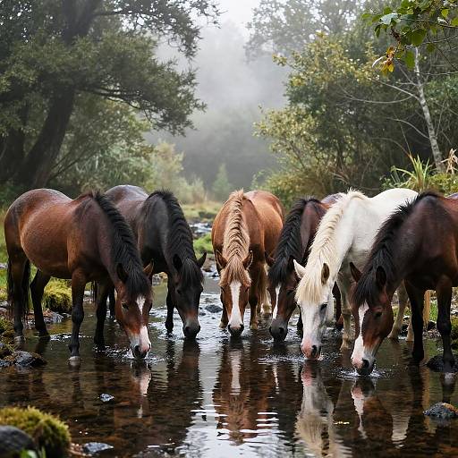 Horses Drinking at Misty Forest Stream