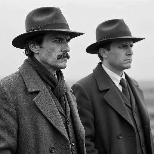 Black and White Portrait of Two Men in Vintage Outerwear