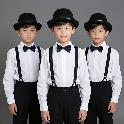 Photograph of three Asian boys in white shirts, black bow ties, suspenders, and black hats, standing against a gray background.