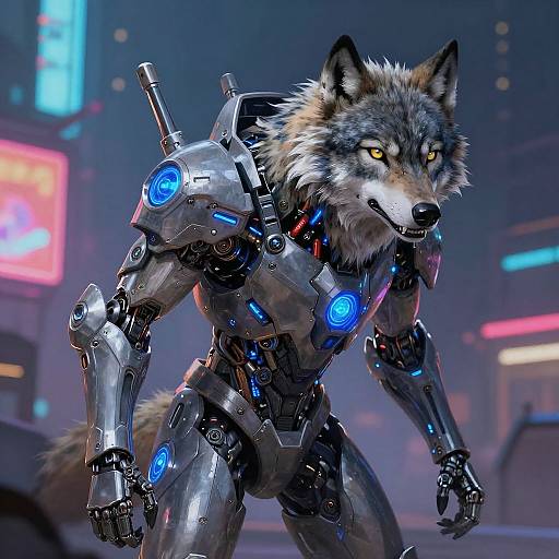 CGI image of a cybernetic wolf with glowing blue circuitry, yellow eyes, and metallic armor in a neon-lit futuristic city.