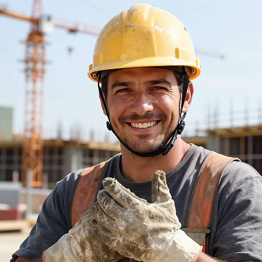 Photograph of a smiling male construction worker with dark skin, wearing a yellow hard hat, gray shirt, and dusty gloves, holding a clump of