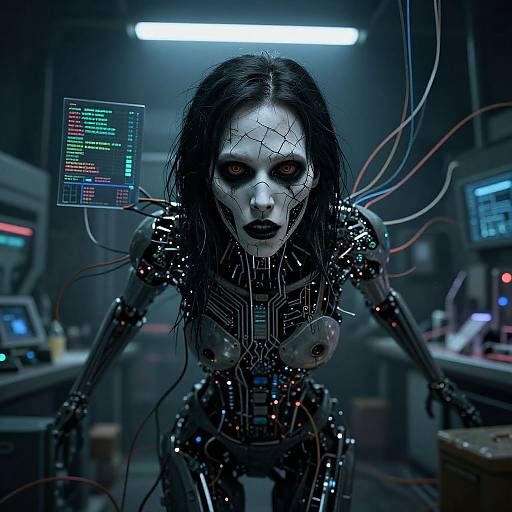 Cyberpunk digital art: ghostly female robot with exposed breasts, black hair, white face, and wire mesh, surrounded by dark lab equipment.