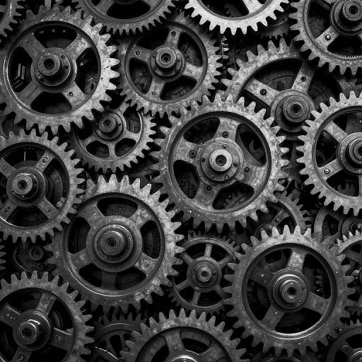 Photograph of intricately interlocking metallic gears in various sizes, creating a complex, industrial pattern with a monochromatic gray-black color scheme.