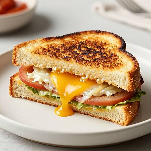 Photograph of a grilled cheese sandwich with melted cheddar, lettuce, tomato, and white cheese filling, placed on a white plate.