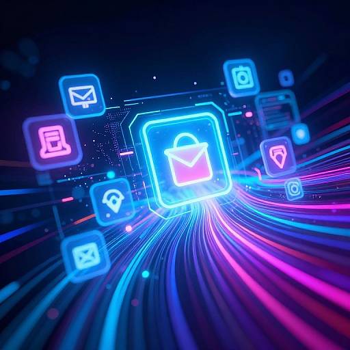 Neon digital art of glowing blue and pink icons, including a shopping bag and symbols, radiating from a central square against a dark, starry