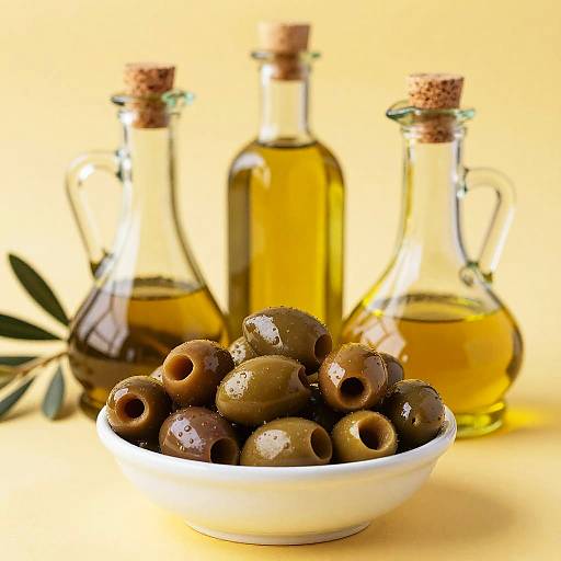 Rustic Olive Bowl with Olive Oil Bottles