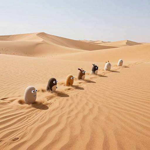 Cartoon penguins with expressive faces trek through a sunlit, sandy desert with rippled dunes in the background, under a clear blue sky.