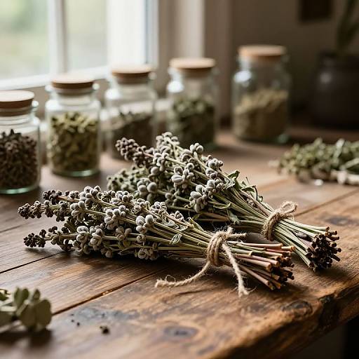 Photograph of a rustic wooden table with a tied bundle of dried lavender flowers, blurred glass jars in the background.