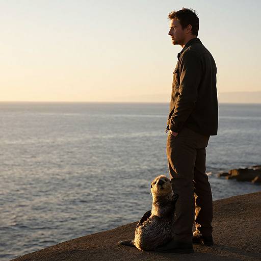 Photograph of a man in a dark jacket and pants standing by the sea, gazing at the horizon, with a fluffy dog sitting beside him on