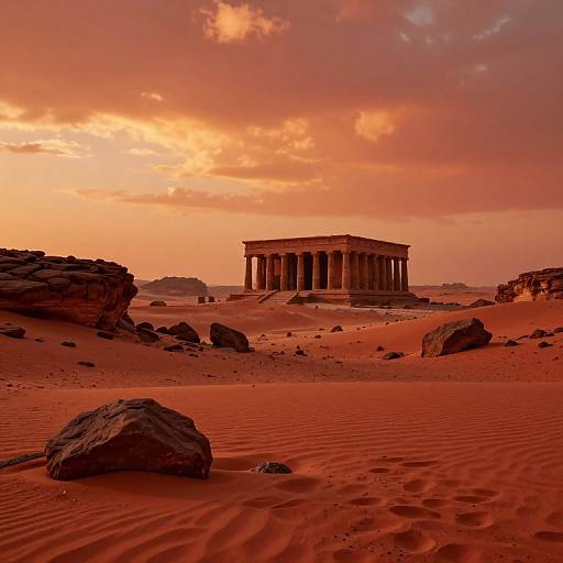 Photograph of a classical temple with tall columns standing in a red desert at sunset, surrounded by rocky formations and sand dunes.