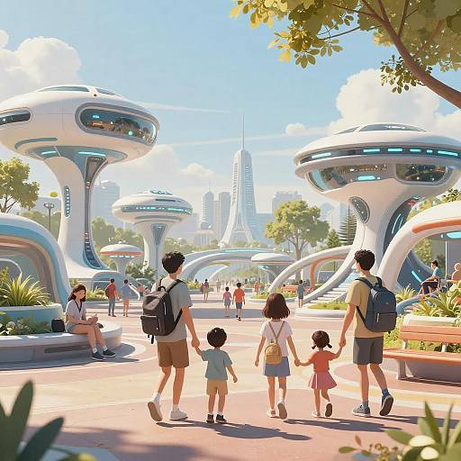 Digital illustration of a sunny, futuristic urban park with floating, pod-like structures, families walking, and a city skyline in the background.