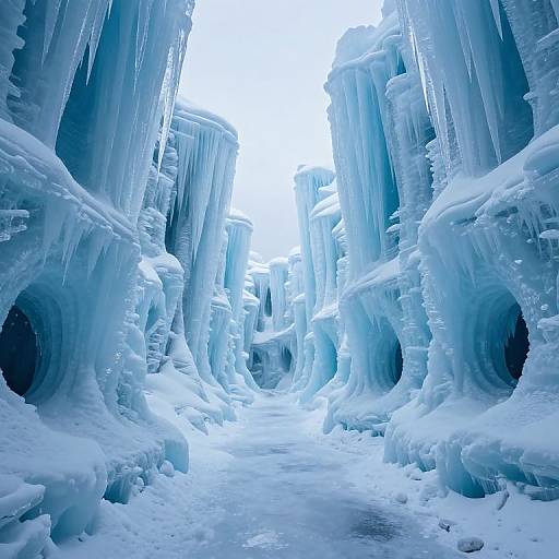 Photograph of a narrow, icy cave with towering blue and white icicles, dark hollows, and a snowy, crystalline floor.