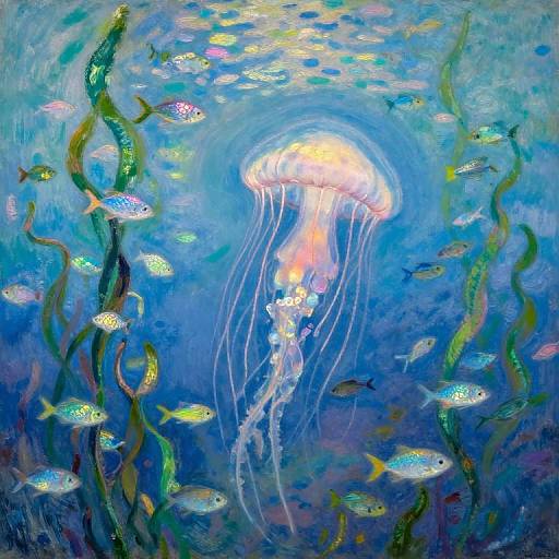 Vibrant underwater painting of a glowing jellyfish surrounded by colorful fish and green seaweed, set in a blue, swirling ocean background.