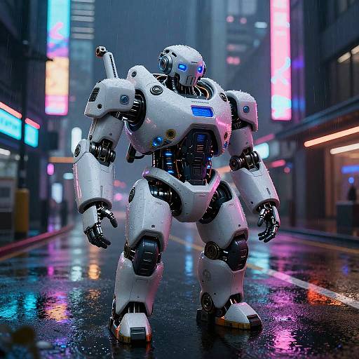 Plump Robot Exploring Neon Cyberpunk City