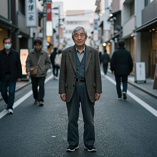 Photograph of an elderly Asian man with gray hair, wearing a checkered blazer and gray pants, standing in a bustling urban street at dusk.
