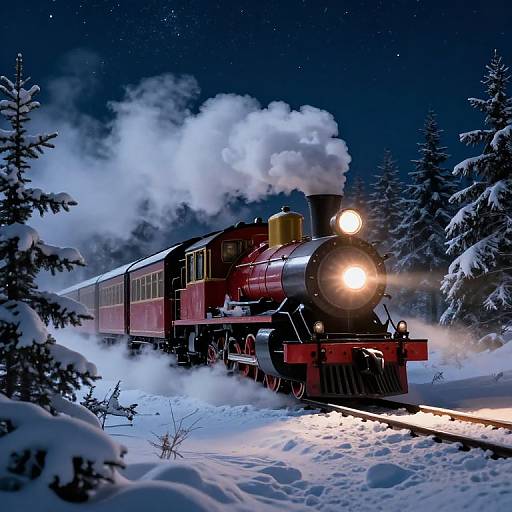 Photograph of a vintage red steam locomotive with white smoke, traveling through a snowy, starry forest at night.