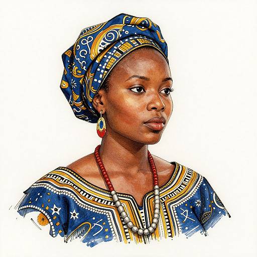 Photograph of a young African woman with dark skin, wearing a blue patterned headwrap, gold earrings, red bead necklace, and colorful traditional dress