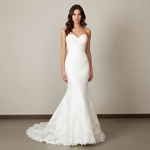 Photograph of a brunette woman in a white, lace-embellished, strapless mermaid-style wedding dress, standing against a plain, light