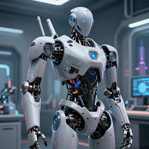 Photorealistic CGI of a white, humanoid robot with blue glowing eyes and joints, standing in a futuristic, tech-filled laboratory.