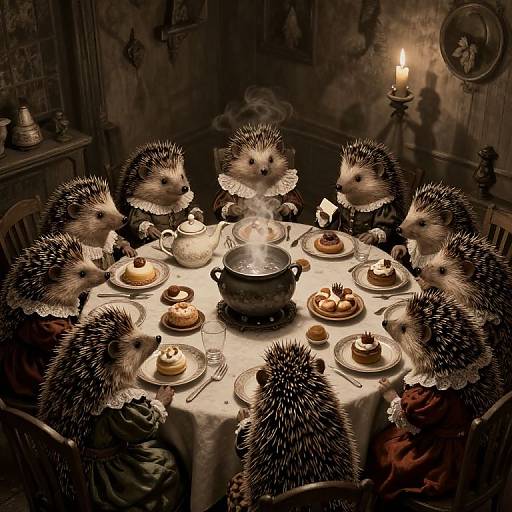 Photograph of seven hedgehogs dressed in Victorian-style lace dresses, seated around a dimly lit dinner table with steaming food and candles.
