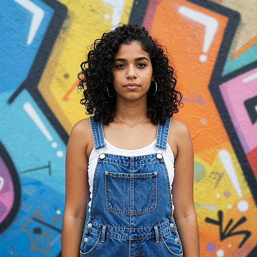 Photograph of a young Black woman with curly hair, wearing denim overalls over a white tank top, standing in front of colorful graffiti on a textured