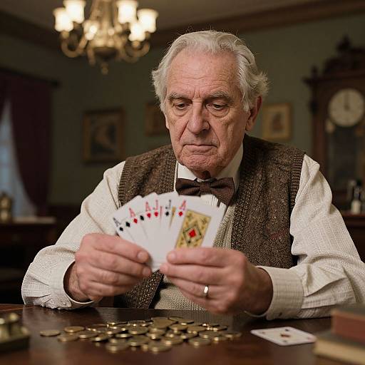 Photograph of an elderly white man with white hair, wearing a brown vest and bow tie, shuffling poker cards and coins on a wooden table in