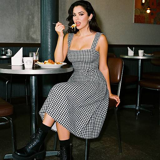 Photograph of a woman with dark hair in a black-and-white checkered dress, black boots, eating at a dimly lit restaurant.