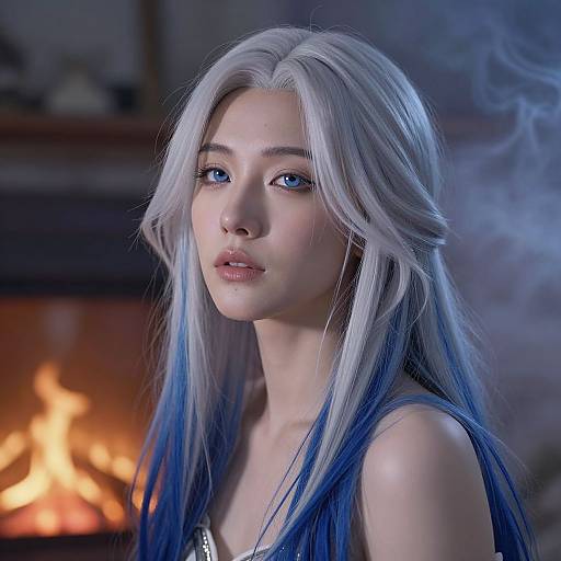 Digital portrait of a young woman with long, silver and blue hair, blue eyes, and fair skin, standing in front of a glowing fireplace with smoke