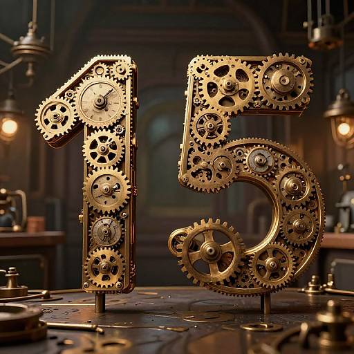 Photorealistic CGI of a brass, gear-filled number 