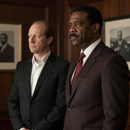 Two Men in Suits in Wood-paneled Room