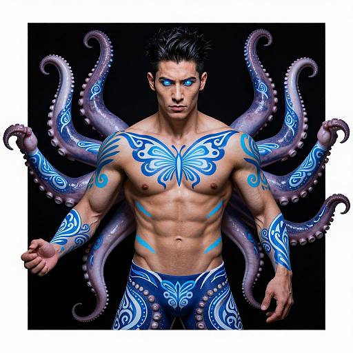Digital artwork of a muscular, shirtless man with glowing blue tattoos, purple tentacles, and blue glowing eyes, set against a black background.