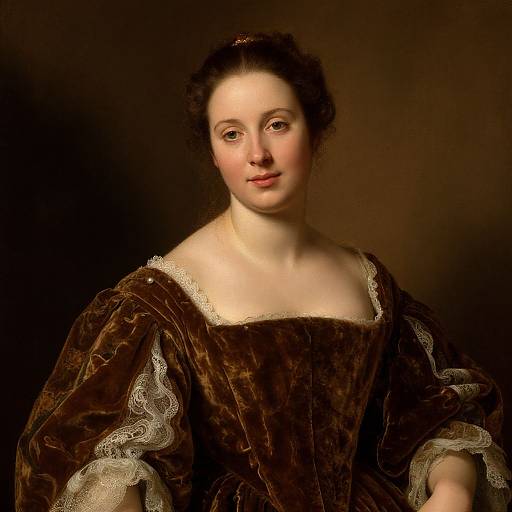 Photograph-style painting of a young Caucasian woman with fair skin, dark hair, and brown eyes, wearing a brown velvet dress with lace trim, against