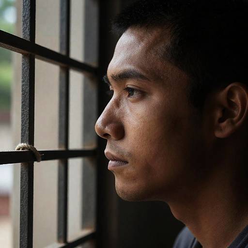 Serious Man Gazing Through Barred Window