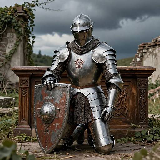 Kneeling Crusader at Ruined Altar