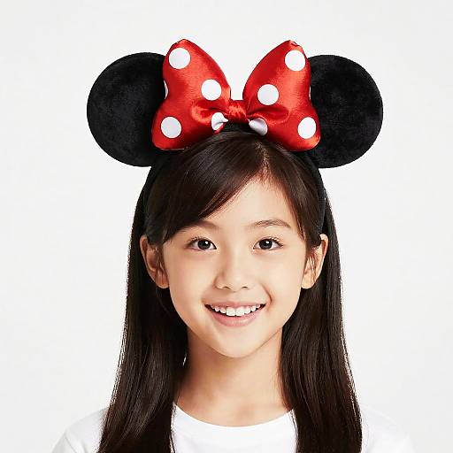 Photograph of a smiling Asian girl with long black hair, wearing a red bow with white polka dots and black Mickey Mouse ears. White background,